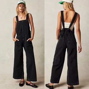 Free People Fields of Flowers Wide Leg Overalls Vintage Black